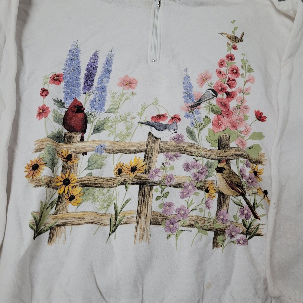 Hanes Sweatshirt Womens Size Large White Floral Bird Graphic Quarter Zip